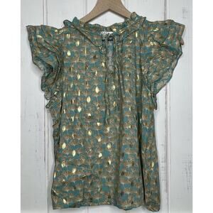 AVARA Teal Green Floral Gold Leaf Boho Tie Neck Ruffle Flutter Feminine Top XS